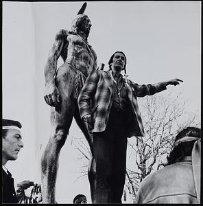 Russell Means speaking to crowd gathered around the statue of Massasoit in Plymouth on Thanksgiving Day
