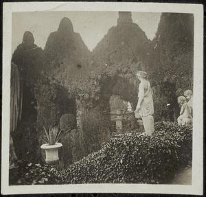 View of statues on steps in the courtyard of Monforte Garden, Valencia, Spain, n.d.