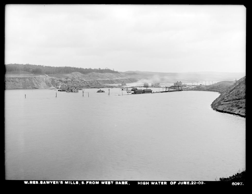 Wachusett Reservoir, high water, southerly from west bank, Sawyer's Mills, Boylston, Mass., Jun. 22, 1903