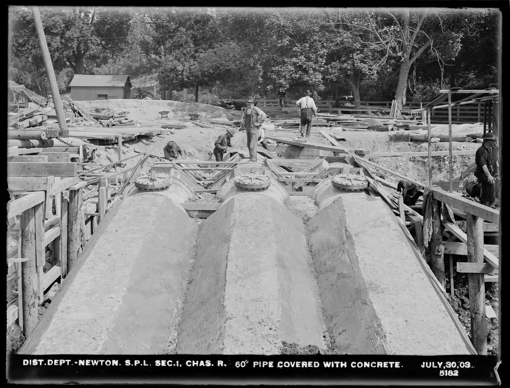 Distribution Department, supply pipe line, Section 1, Charles River, 60-inch pipe covered with concrete, Newton, Mass., Jul. 30, 1903