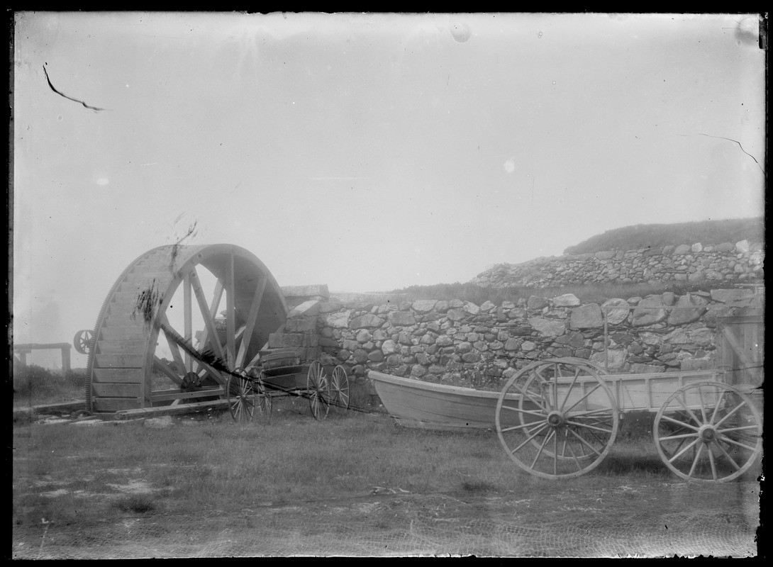 Brickyard water wheel, dory - Chilmark. Note: stone work