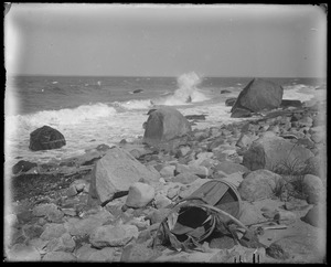 Shore with large boulders & broken barrel, north shore