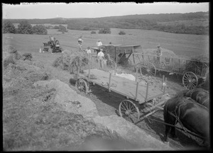 Farm wagon & hay wagon - people in field threshing grain? 7 Gates