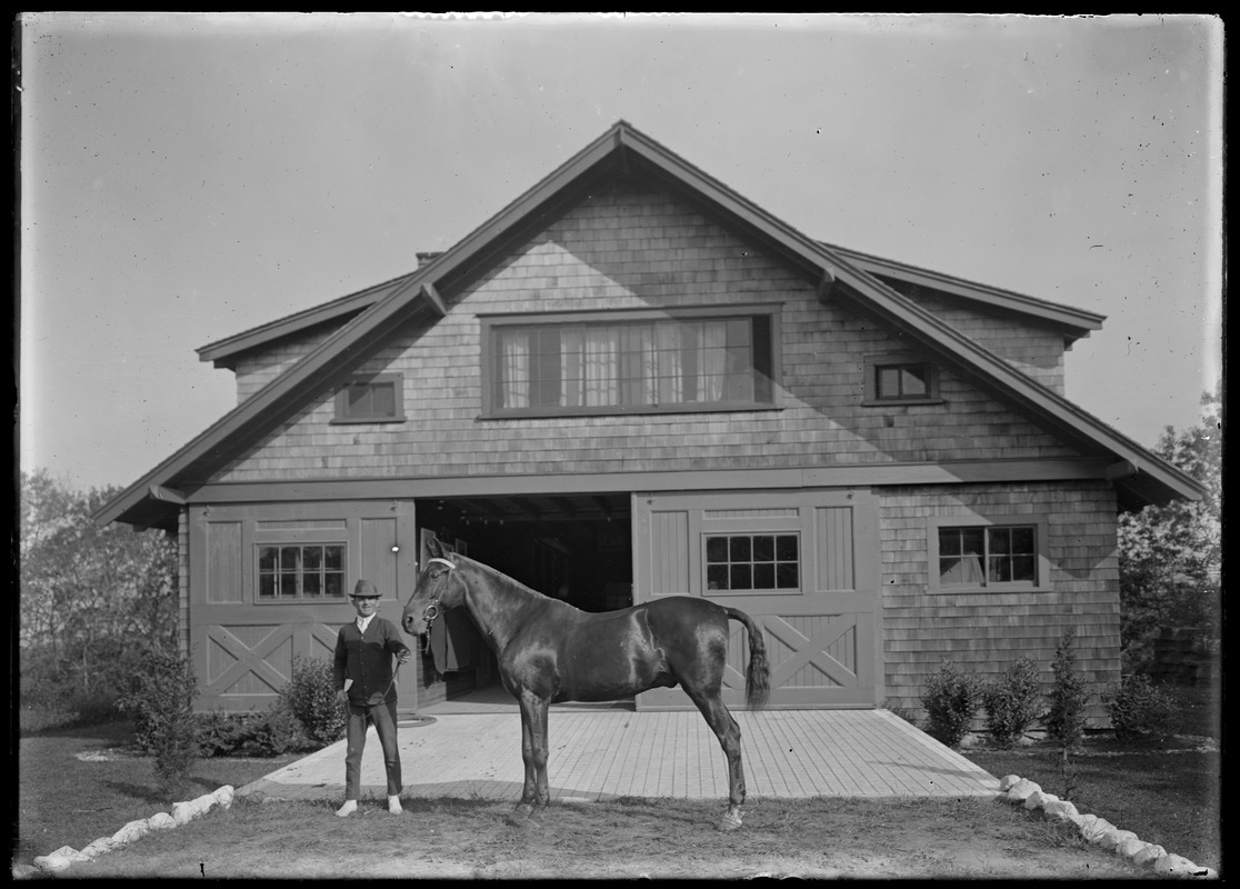 Riding horse and handler. Mrs. Skeel's stable, 7 Gates