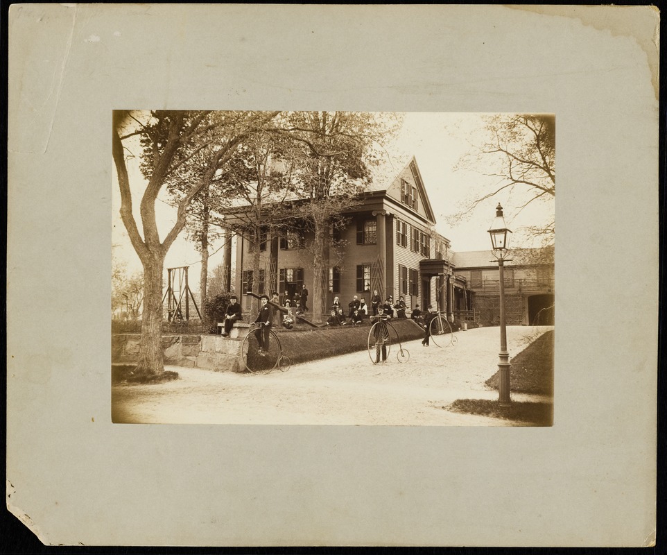 Newton photographs oversize : Allen House : 35 Webster Street / [compiled by the staff of the Newton Free Library]. - Allen House : 35 Webster Street - Exterior View of Allen House and Barn with Students and Teachers -