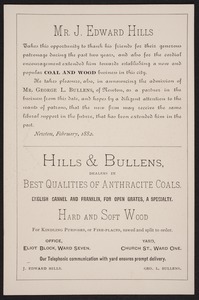 Newton photographs collection : advertising trade cards - Advertising trade cards - Newton trade cards - Hills & Bullens, Coal and Wood, Newton -