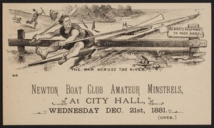 Newton photographs collection : advertising trade cards - Advertising trade cards - Newton trade cards - Newton Boat Club Amateur Minstrels - The Bar Across The River -