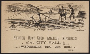 Newton photographs collection : advertising trade cards - Advertising trade cards - Newton trade cards - Newton Boat Club Amateur Minstrels - His First Lesson -