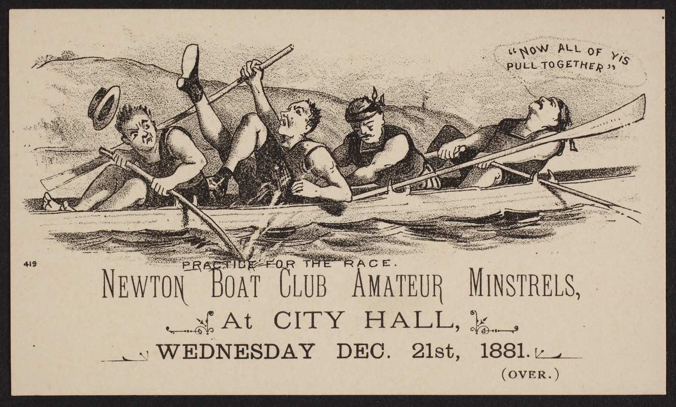 Newton photographs collection : advertising trade cards - Advertising trade cards - Newton trade cards - Newton Boat Club Amateur Minstrels - Practice For The Race -