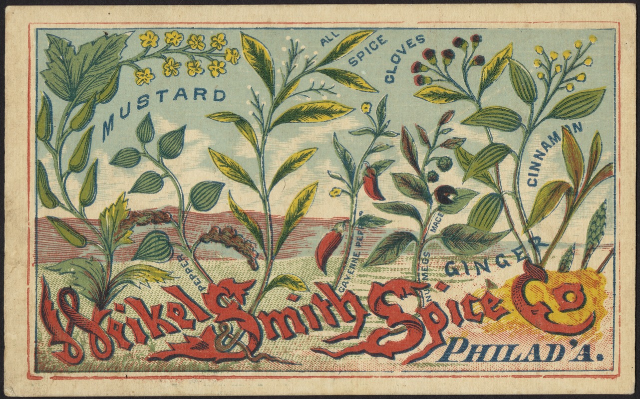 Weikel & Smith Spice Co., Philad'a. Mustard, all spice, cloves, cinnamon, pepper, cayenne pepper, numegs, mace, ginger