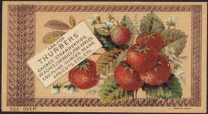 Ask for Thurbers' canned strawberries, peaches, cherries, pineapples, egg plums, quinces, pears, apricots, etc. etc.