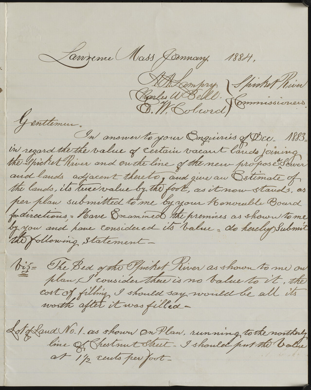 Letter to Spicket River commissioners from E. B. Currier, Lawrence Mass, January 1884