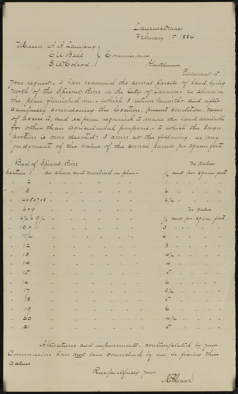 Letter to commissioners from A Elback[?], Lawrence, February 1 1884