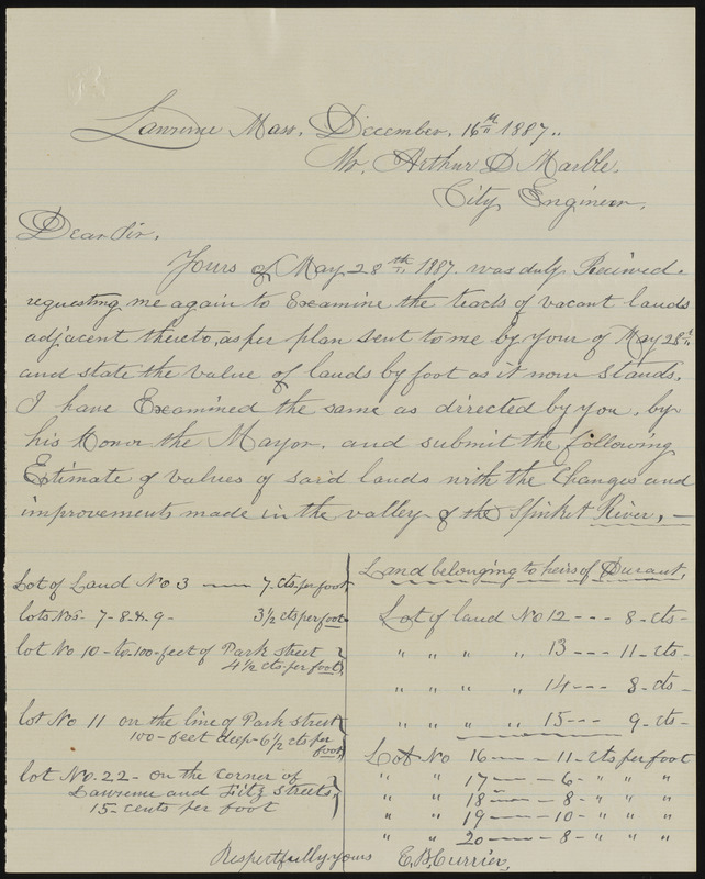Letter to Mr. Anthony D Marble from E. B. Currier, Lawrence Mass., December 16th 1887