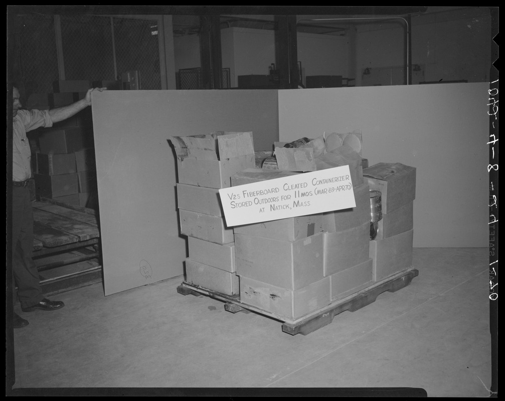 V2S fiberboard cleated containerizer stored outdoors for 11 mos (Mar 69-Apr 70) at Natick, Mass.