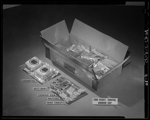 Food packet, survival, abandon ship. Cigarettes, jelly bars, chewing gum, matches, mint tablets