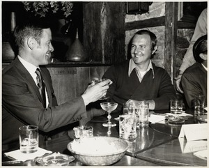 Unidentified men raising glasses, possibly after the groundbreaking ceremony for Boston Public Library's Johnson building