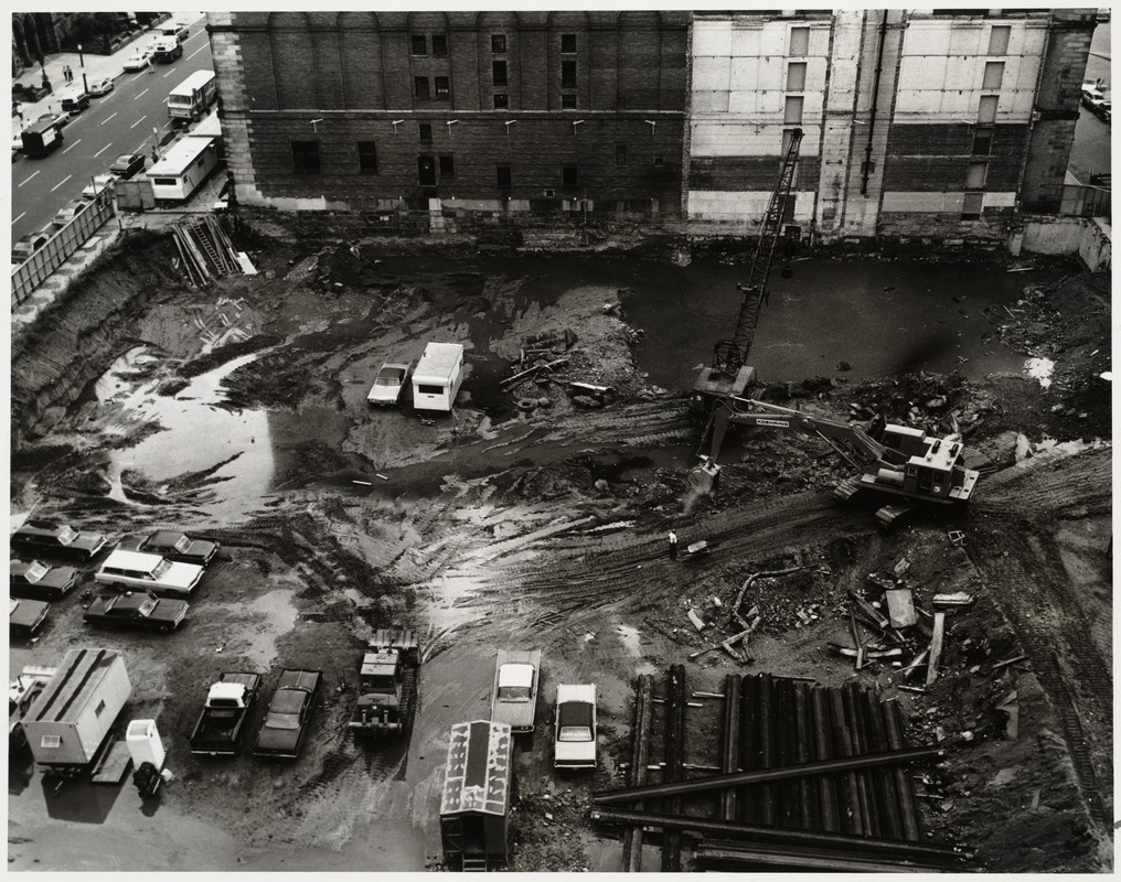 Excavation of the construction site for the Boston Public Library Johnson building, July to September 1969
