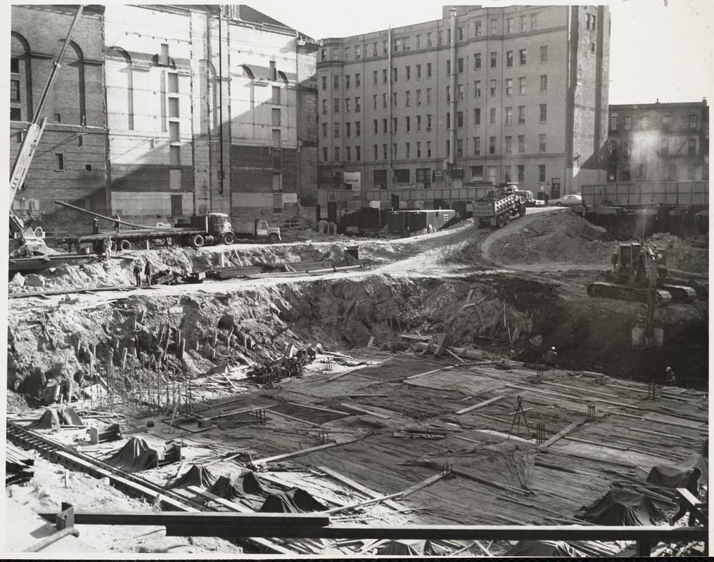 Excavation of the construction site for the Boston Public Library Johnson building, December 1969