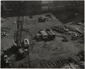 Aerial view of the construction site for the Boston Public Library Johnson building, October 1969