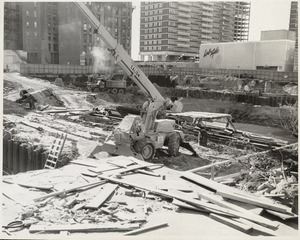 Equipment in use at the construction site for the Boston Public Library Johnson building, November 1969