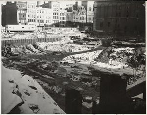 Snow-covered construction site for the Boston Public Library Johnson building, January 1970