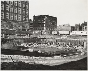 Laying the foundation during construction of the Boston Public Library Johnson building, February 1970