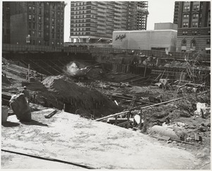 Laying the foundation during construction of the Boston Public Library Johnson building, February 1970