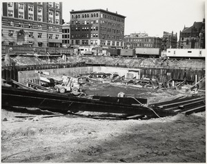 Laying the foundation during construction of the Boston Public Library Johnson building, March 1970