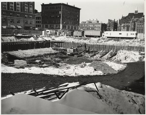 Snow-covered construction site for the Boston Public Library Johnson building, January 1970