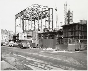 View of the Boston Public Library Johnson building construction site from the street, December 1970