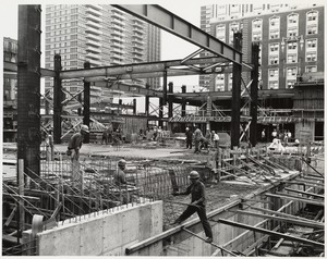 Construction workers on site during the Boston Public Library Johnson building construction, October 1970