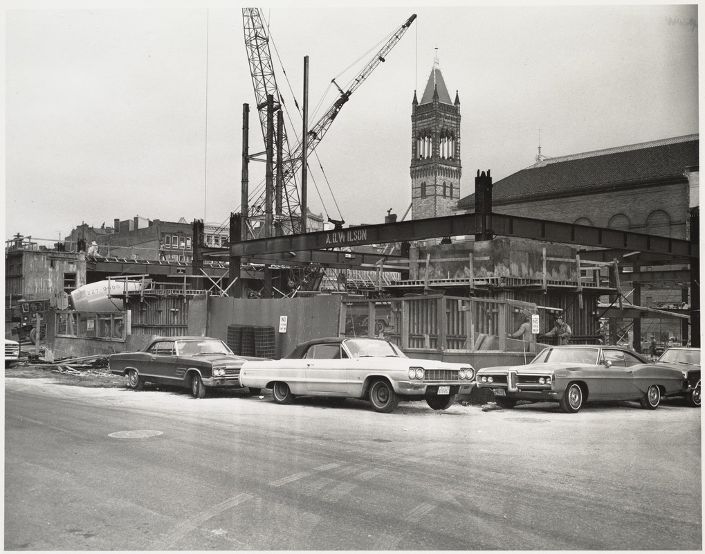 View of the Boston Public Library Johnson building construction site from the street, November 1970