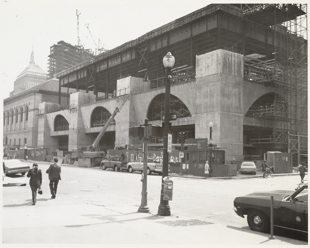 Boston Public Library Johnson building construction, exterior walls partially complete, April 1971