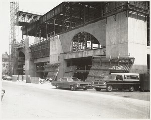 Boston Public Library Johnson building construction, exterior walls partially complete, April 1971