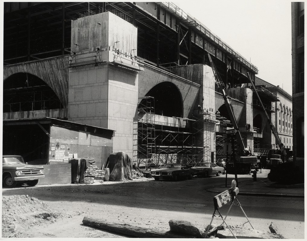 Boston Public Library Johnson building construction, exterior walls partially complete, June 1971