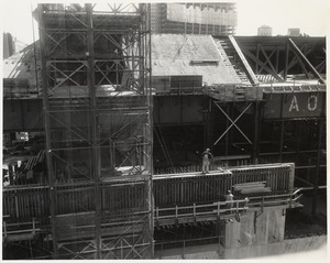 Construction workers on site during the Boston Public Library Johnson building construction, May 1971