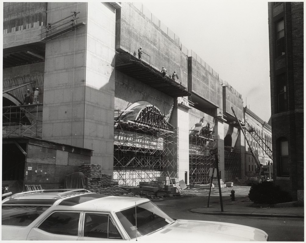 Construction workers on site during the Boston Public Library Johnson building construction, September 1971