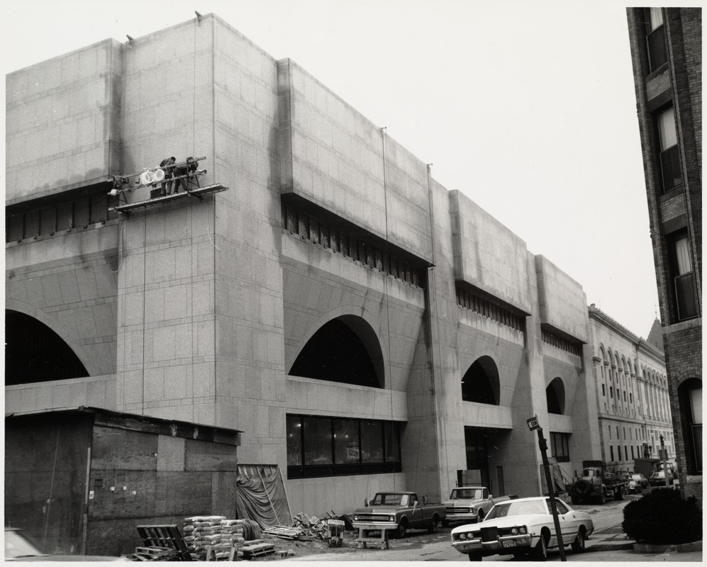 Construction workers on site during the Boston Public Library Johnson building construction, December 1971