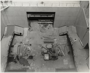 View of Boston Public Library Johnson building atrium during construction, April 1972