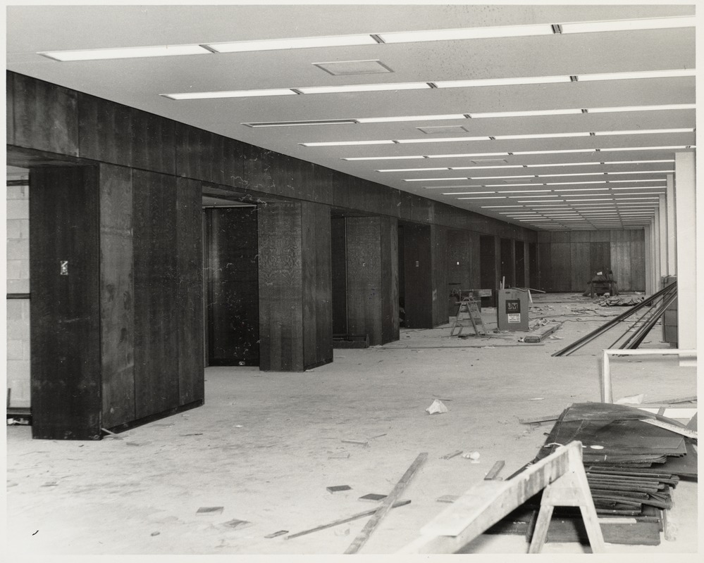Interior of Boston Public Library Johnson building during construction, February 1972
