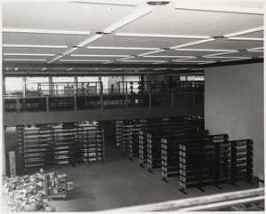 Book stacks in place, Boston Public Library Johnson building construction, October 1972