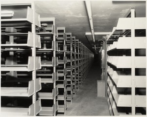 Book stacks in place, Boston Public Library Johnson building construction, June 1972