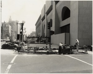 Constructions workers on site outside Boston Public Library Johnson building during construction, June 1972