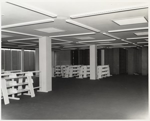 Book stacks in place, Boston Public Library Johnson building construction, October 1972
