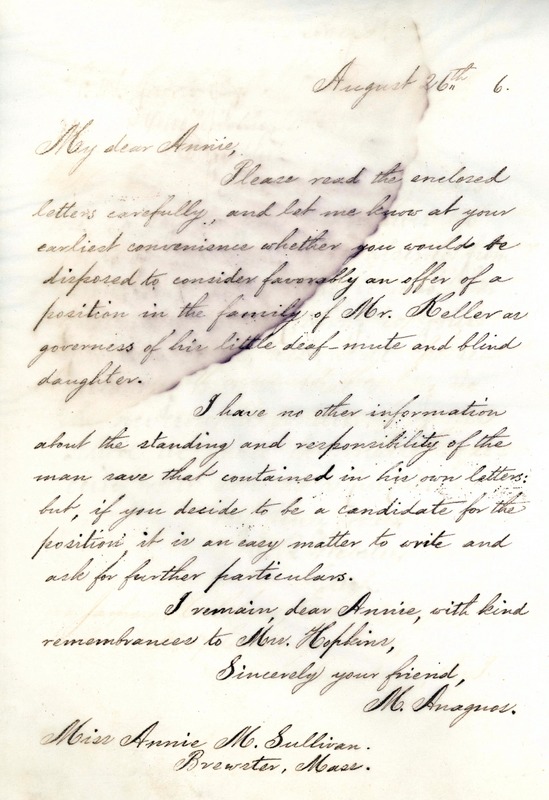 Letter from Michael Anagnos to Annie Sullivan, August 26, 1886