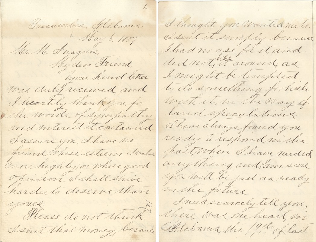 Letter from Annie Sullivan to Michael Anagnos, May 5, 1887 (pp. 1 & 2 of 10)