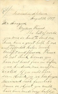 Letter from Annie Sullivan to Michael Anagnos, August 23, 1887 (p. 1 of 8)