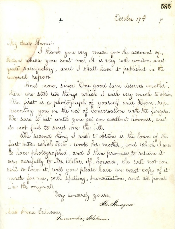 Letter from Michael Anagnos to Annie Sullivan, October 17, 1887 (p. 1 of 2)