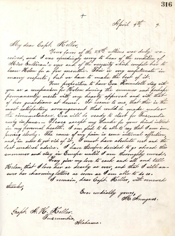 Letter from Michael Anagnos to Capt. Keller, April 9, 1889